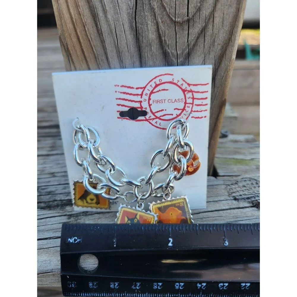 USPS 1998 Animal Stamps Charm Bracelet Dog Bassett Hound Cat Goldfish 7.5” NOS